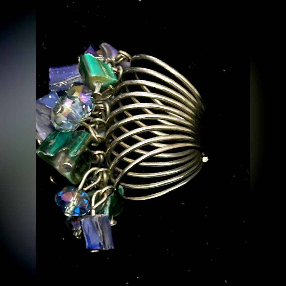 Silver Spiral Ring with Green and Blue Beads